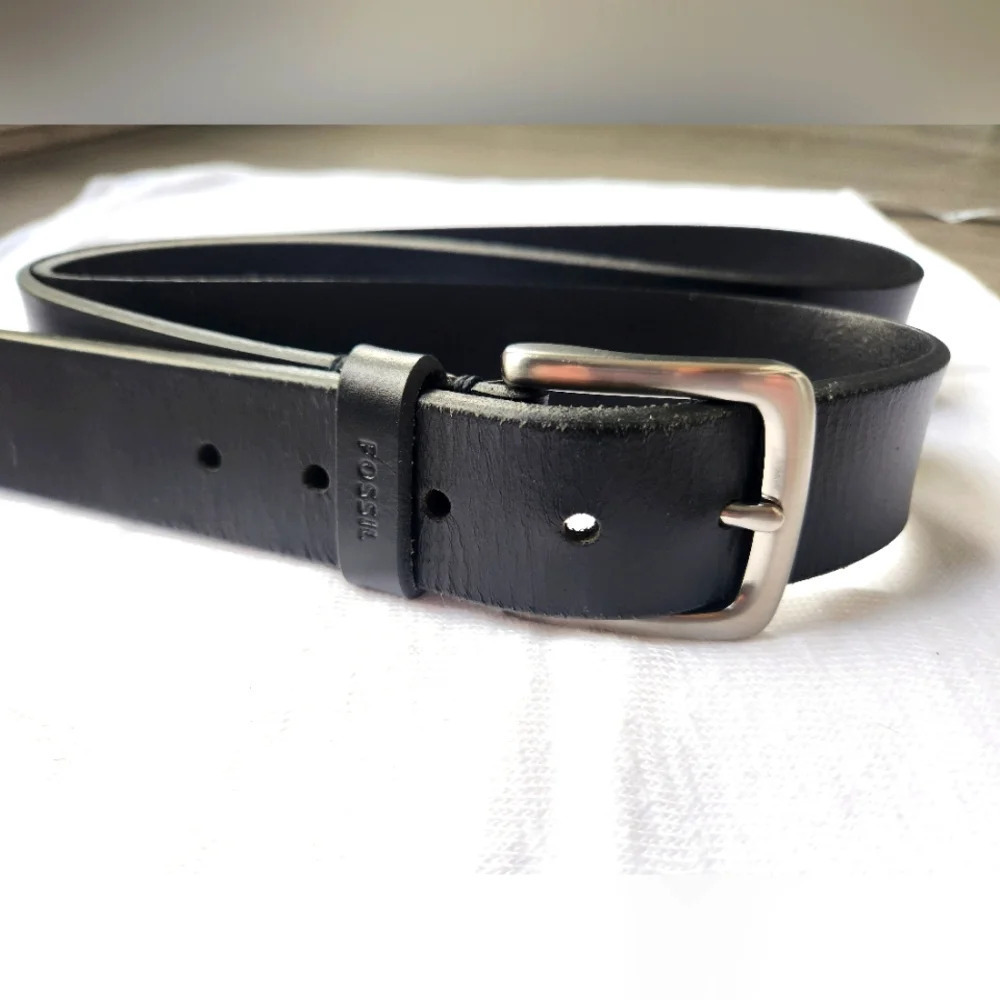 Fossil black leather belt men minimalist size 44